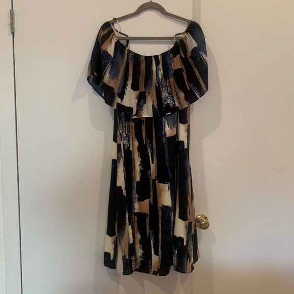 Sejour for Nordstroms off-the-shoulder blue / bronze / white boho dress (14W) - Picture 6 of 10